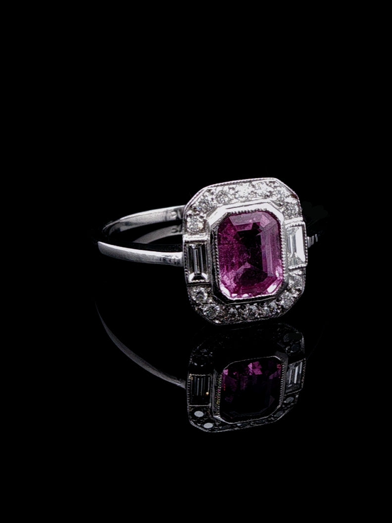 Vintage Platinum 1.29ct Pink Sapphire and Diamond Cluster Ring