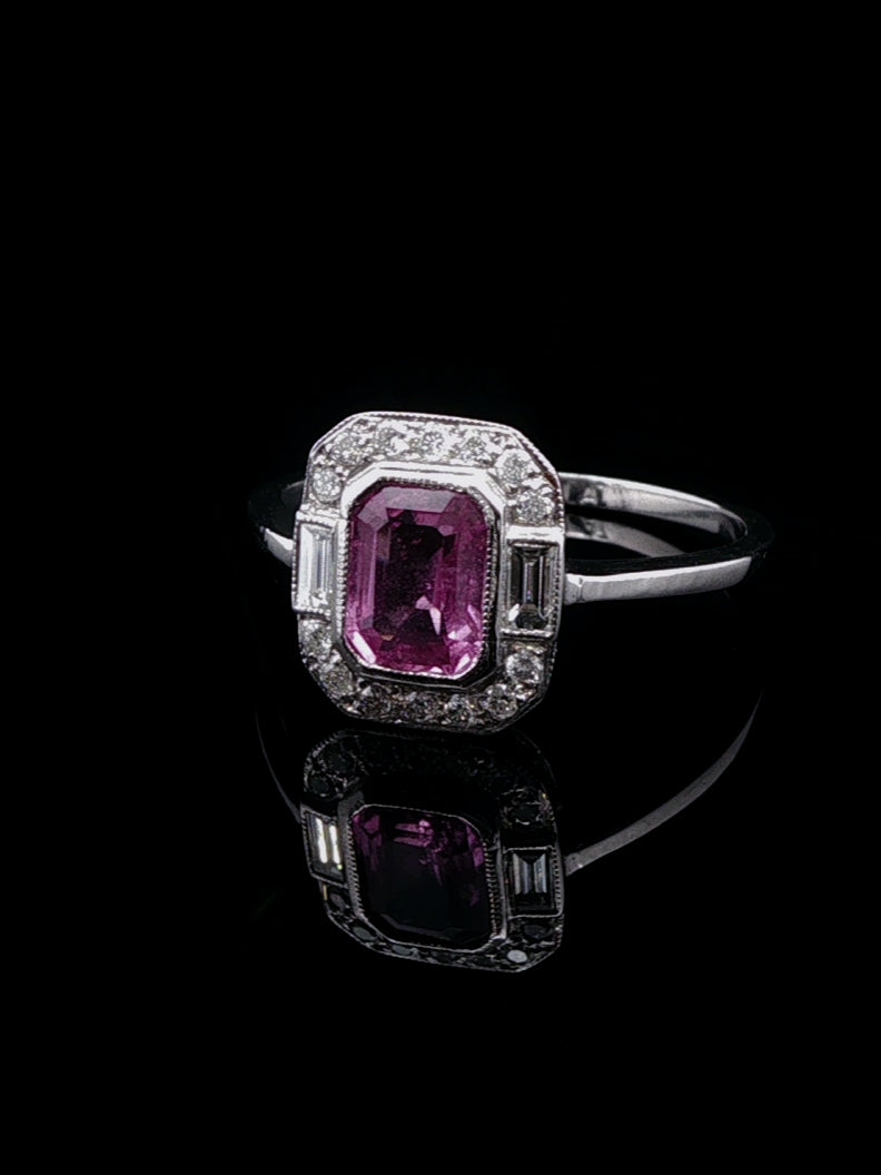 Vintage Platinum 1.29ct Pink Sapphire and Diamond Cluster Ring