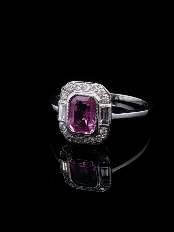 Vintage Platinum 1.29ct Pink Sapphire and Diamond Cluster Ring