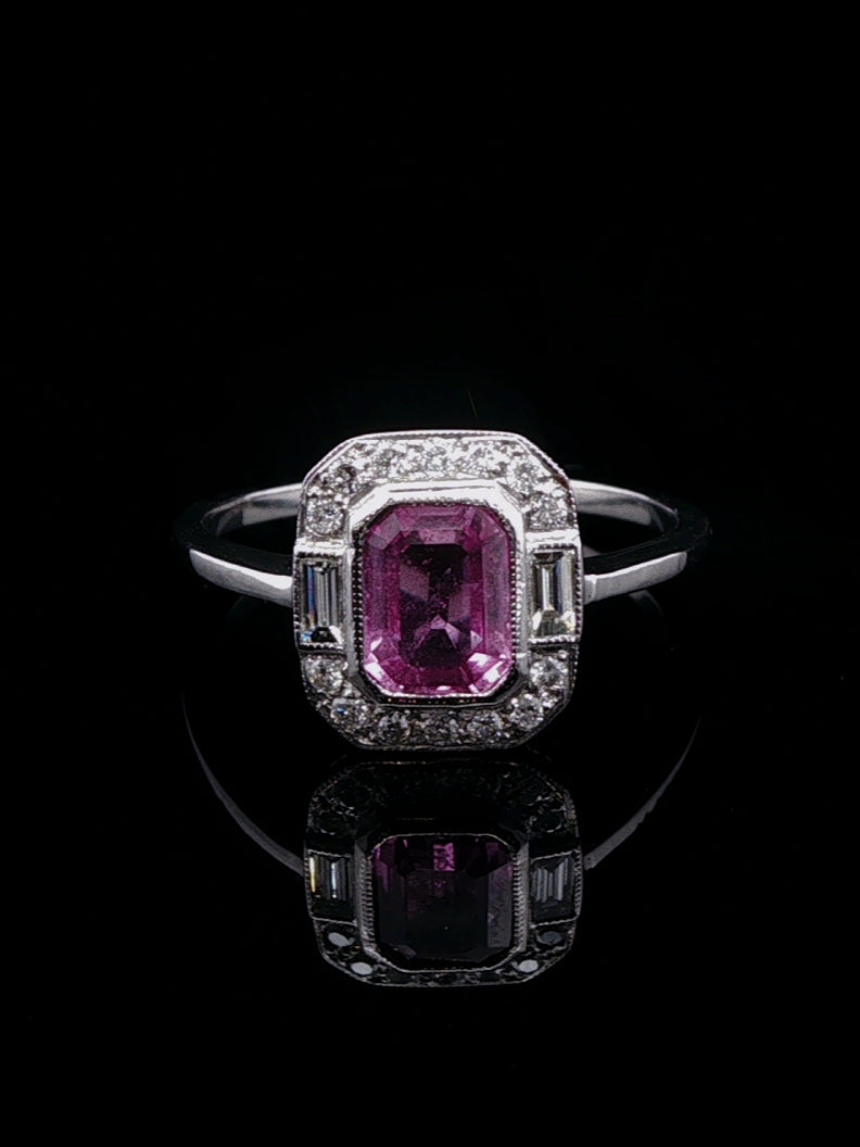 Vintage Platinum 1.29ct Pink Sapphire and Diamond Cluster Ring