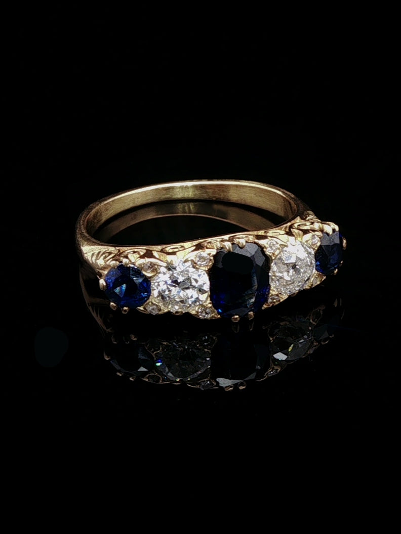 Antique Victorian 18ct Gold Five Stone 0.80ct Sapphire and 0.40ct Diamond Ring, Circa 1875