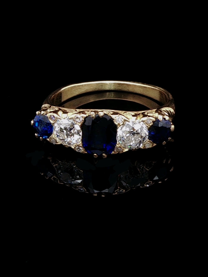 Antique Victorian 18ct Gold Five Stone 0.80ct Sapphire and 0.40ct Diamond Ring, Circa 1875