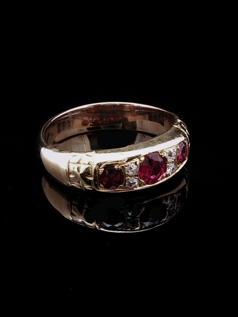 Vintage 9ct Yellow Gold Seven Stone 0.46ct Ruby and Diamond Ring