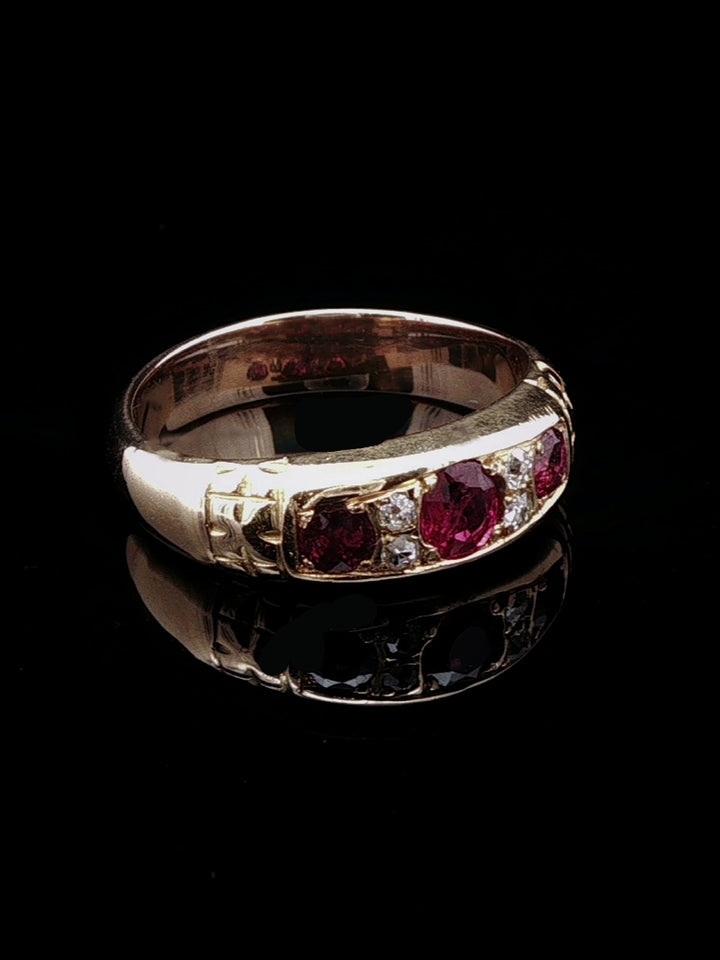 Vintage 9ct Yellow Gold Seven Stone 0.46ct Ruby and Diamond Ring