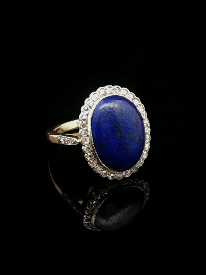 Vintage 18ct Gold Lapis Lazuli and Rose Cut Diamond Cocktail Ring, Circa 1950