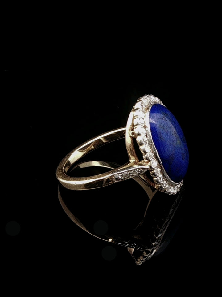 Vintage 18ct Gold Lapis Lazuli and Rose Cut Diamond Cocktail Ring, Circa 1950