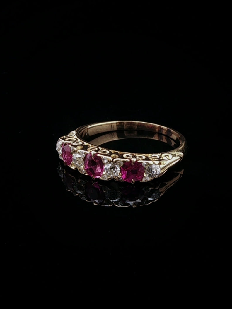 Antique Victorian 18ct Gold Seven Stone 0.50ct Ruby and Old Cut Diamond Ring, Circa 1870