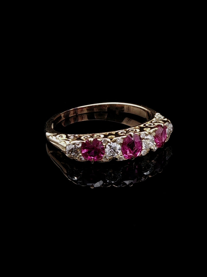 Antique Victorian 18ct Gold Seven Stone 0.50ct Ruby and Old Cut Diamond Ring, Circa 1870