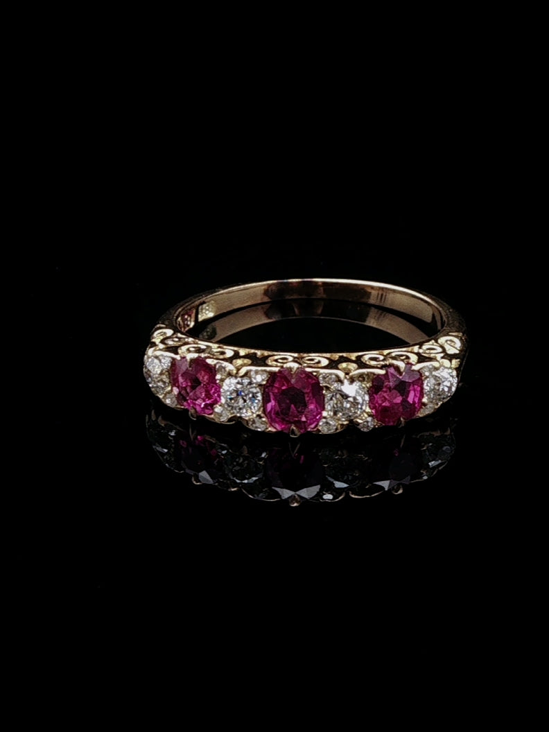 Antique Victorian 18ct Gold Seven Stone 0.50ct Ruby and Old Cut Diamond Ring, Circa 1870