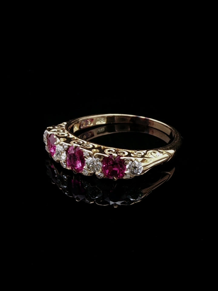 Antique Victorian 18ct Gold Seven Stone 0.50ct Ruby and Old Cut Diamond Ring, Circa 1870