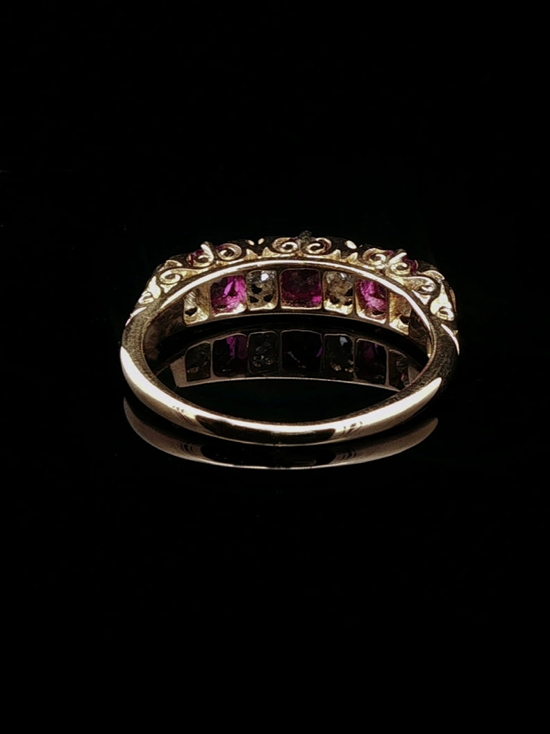 Antique Victorian 18ct Gold Seven Stone 0.50ct Ruby and Old Cut Diamond Ring, Circa 1870