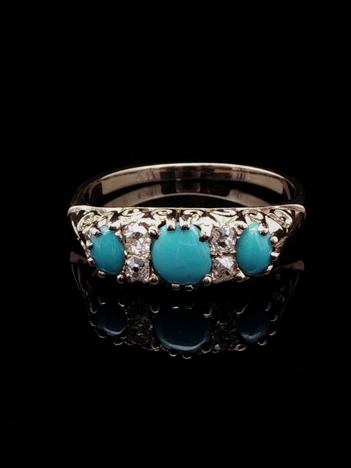 Antique Victorian 18ct Gold Turquoise and Old Cut Diamond Ring, Circa 1870