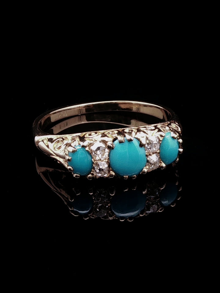 Antique Victorian 18ct Gold Turquoise and Old Cut Diamond Ring, Circa 1870