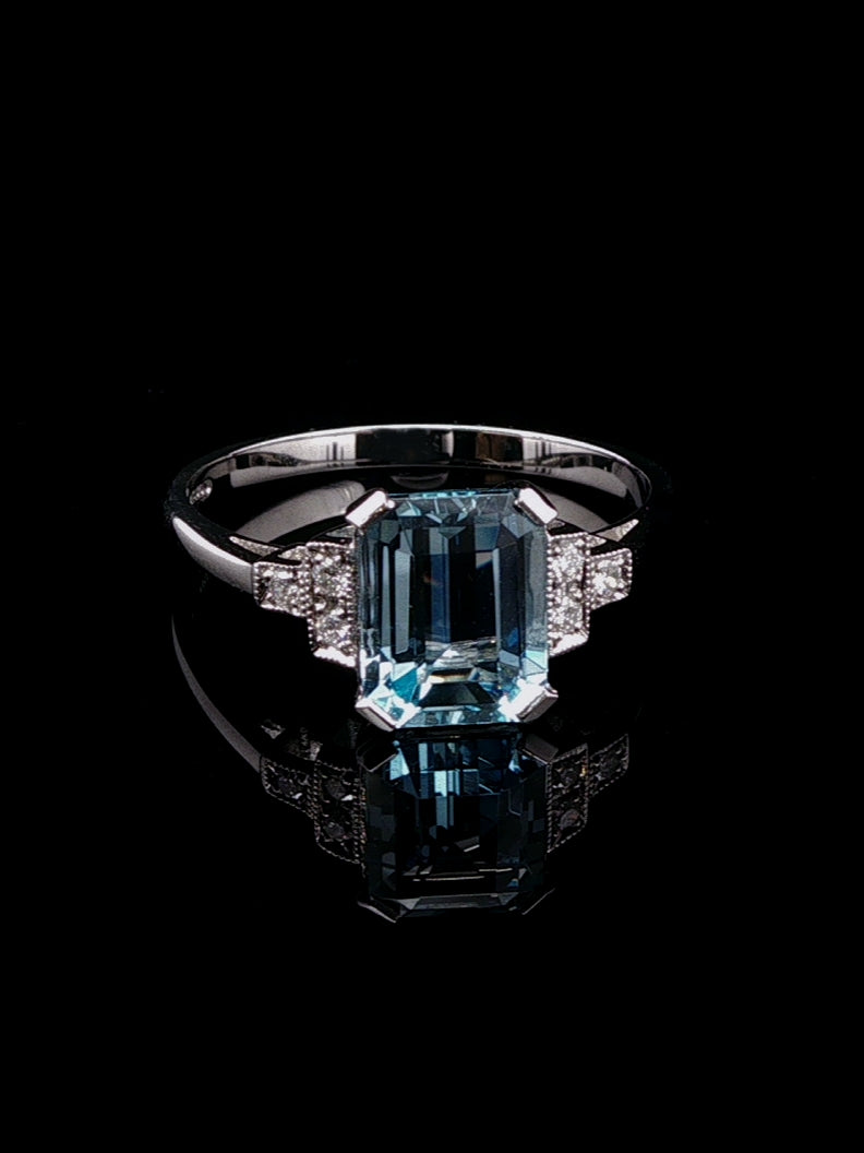Platinum Art Deco Style 1.78ct Aquamarine and Diamond Ring