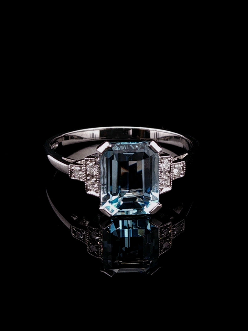 Platinum Art Deco Style 1.78ct Aquamarine and Diamond Ring