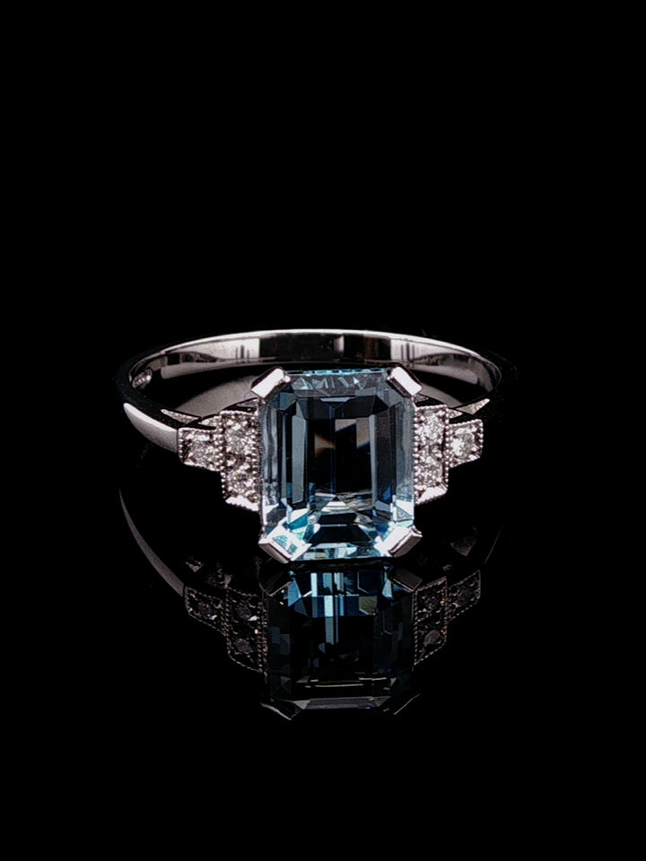Platinum Art Deco Style 1.78ct Aquamarine and Diamond Ring