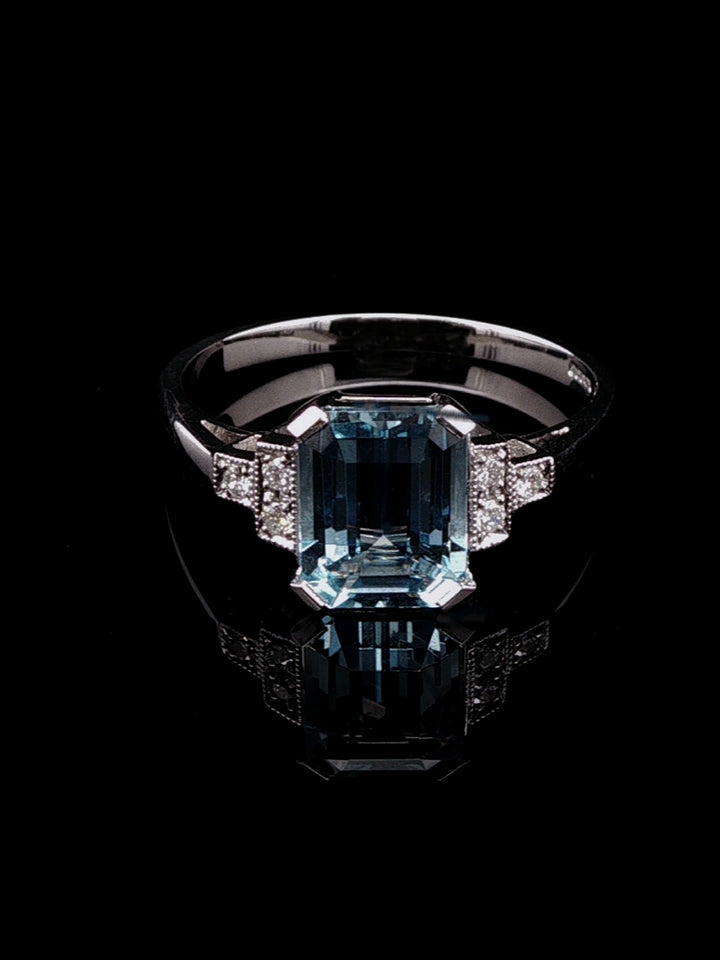 Platinum Art Deco Style 1.78ct Aquamarine and Diamond Ring