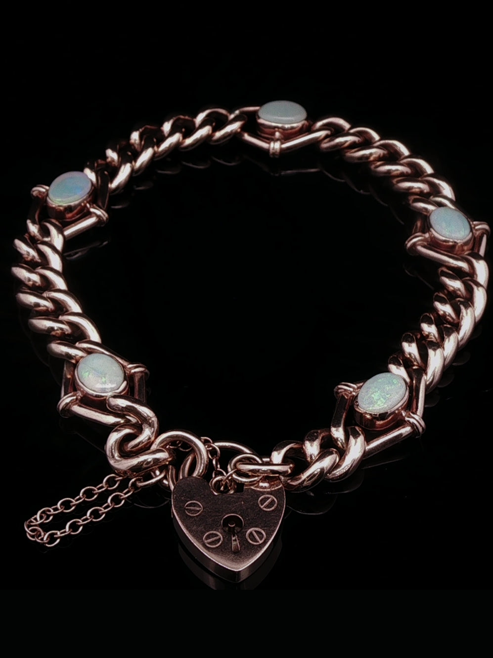 Vintage 9ct Rose Gold Opal Curb Link Bracelet with Heart Padlock