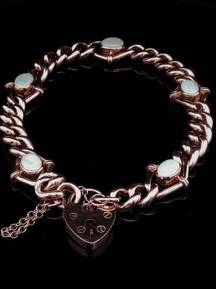 Vintage 9ct Rose Gold Opal Curb Link Bracelet with Heart Padlock