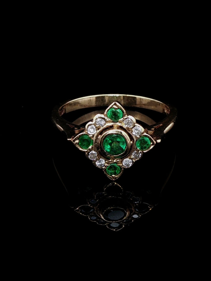 18ct Gold 0.30ct Emerald and Diamond Square Cluster Ring