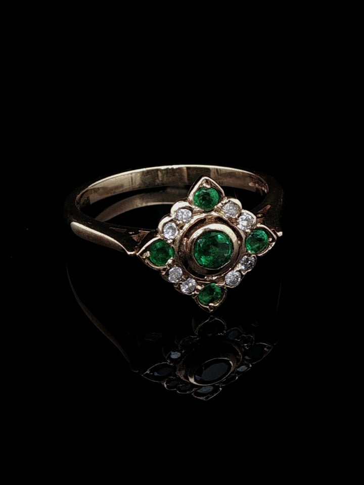 18ct Gold 0.30ct Emerald and Diamond Square Cluster Ring