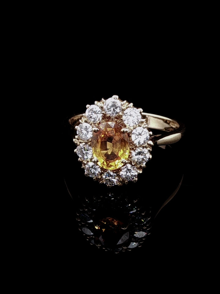 18ct Gold 0.95ct Yellow Sapphire and Brillinat Cut 0.66ct Diamond Cluster Ring, London 1988