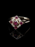 18ct Gold Ruby and Diamond Square Cluster Ring, London1989