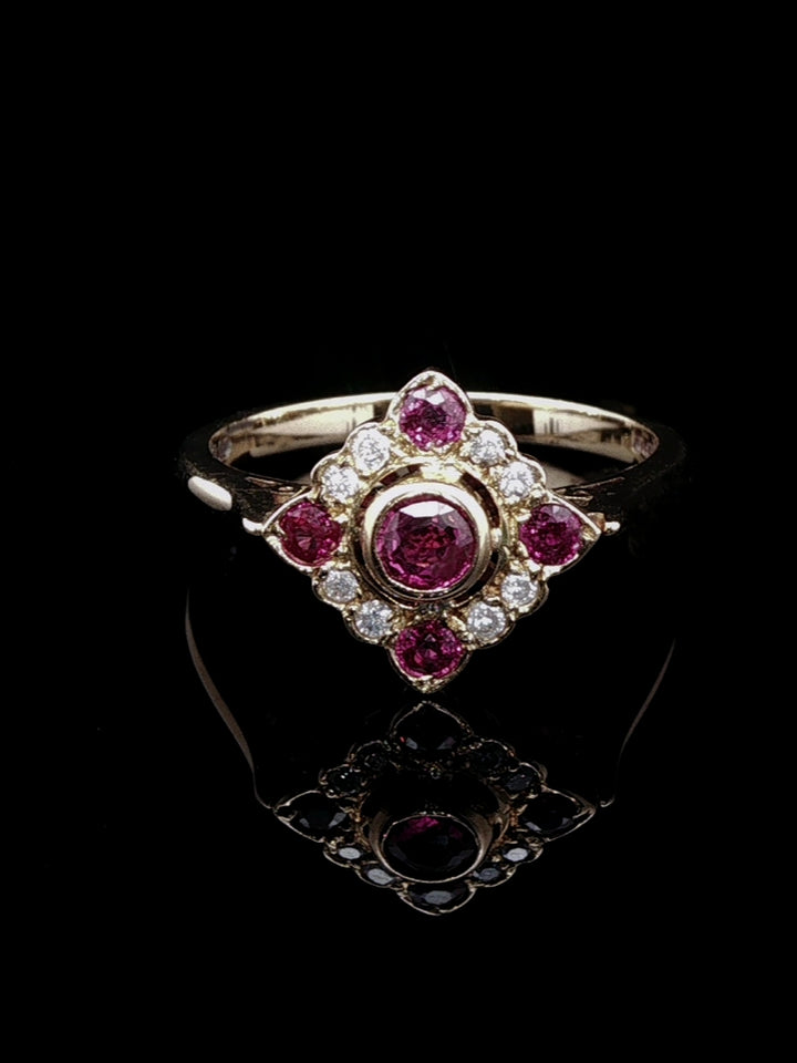 18ct Gold Ruby and Diamond Square Cluster Ring, London1989