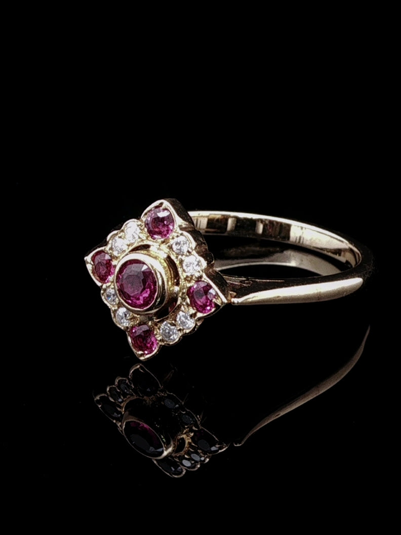 18ct Gold Ruby and Diamond Square Cluster Ring, London1989