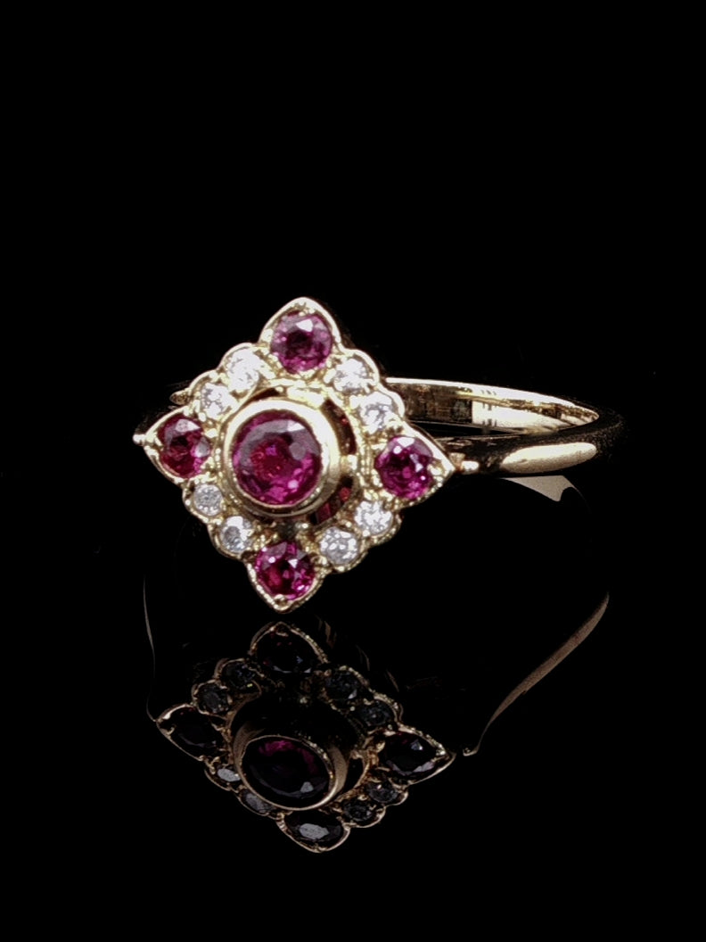 18ct Gold Ruby and Diamond Square Cluster Ring, London1989