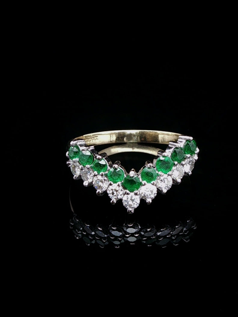 18ct Gold 0.50ct Diamond and 0.40ct Emerald Wishbone Ring