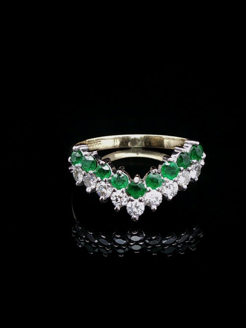 18ct Gold 0.50ct Diamond and 0.40ct Emerald Wishbone Ring