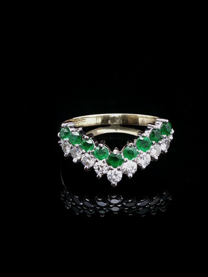 18ct Gold 0.50ct Diamond and 0.40ct Emerald Wishbone Ring