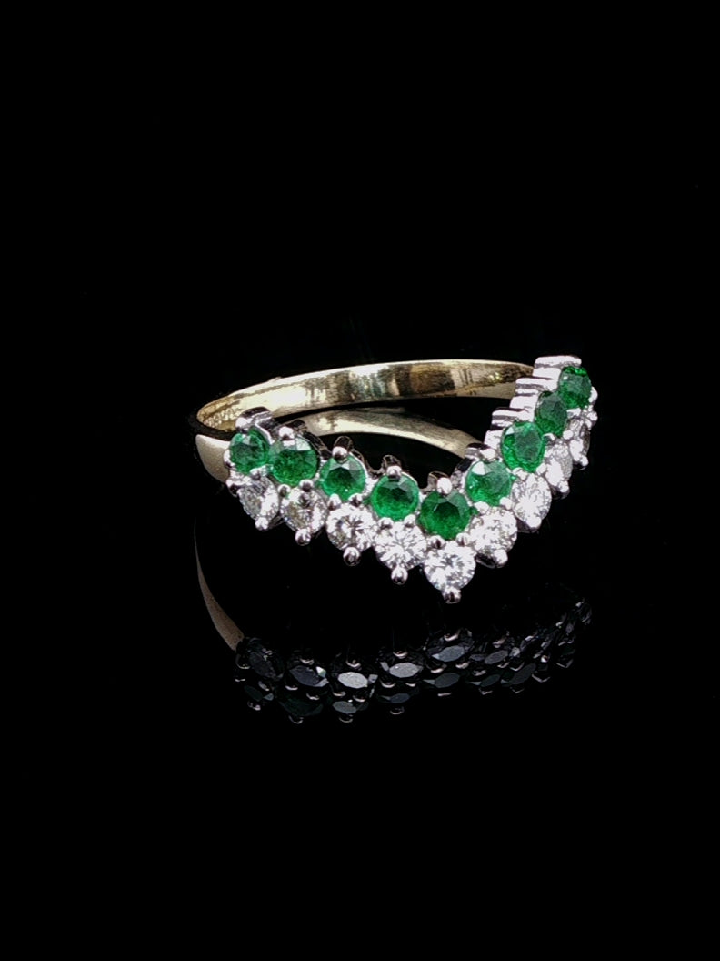 18ct Gold 0.50ct Diamond and 0.40ct Emerald Wishbone Ring