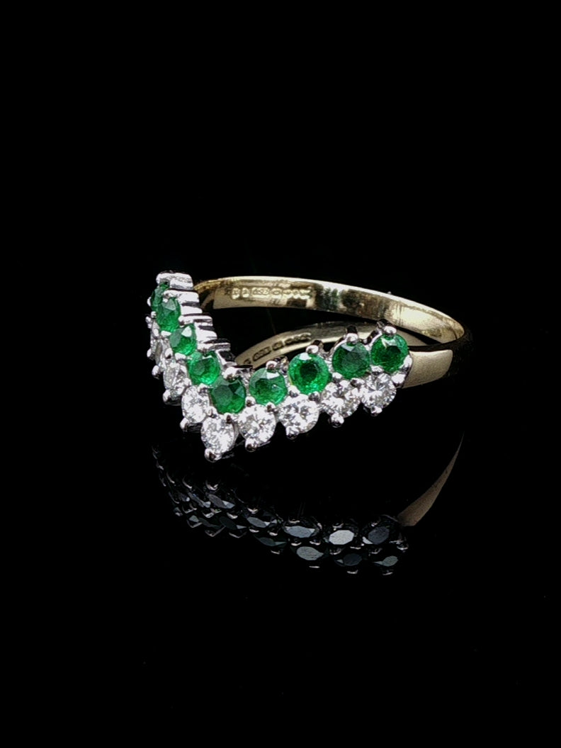 18ct Gold 0.50ct Diamond and 0.40ct Emerald Wishbone Ring