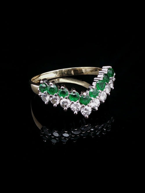 18ct Gold 0.50ct Diamond and 0.40ct Emerald Wishbone Ring