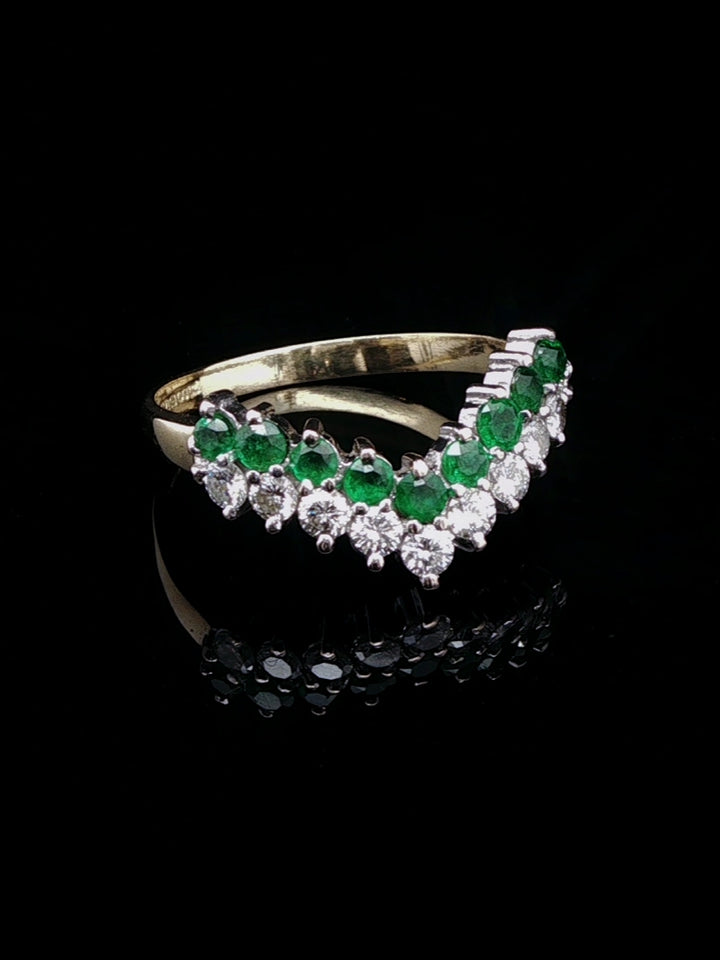 18ct Gold 0.50ct Diamond and 0.40ct Emerald Wishbone Ring