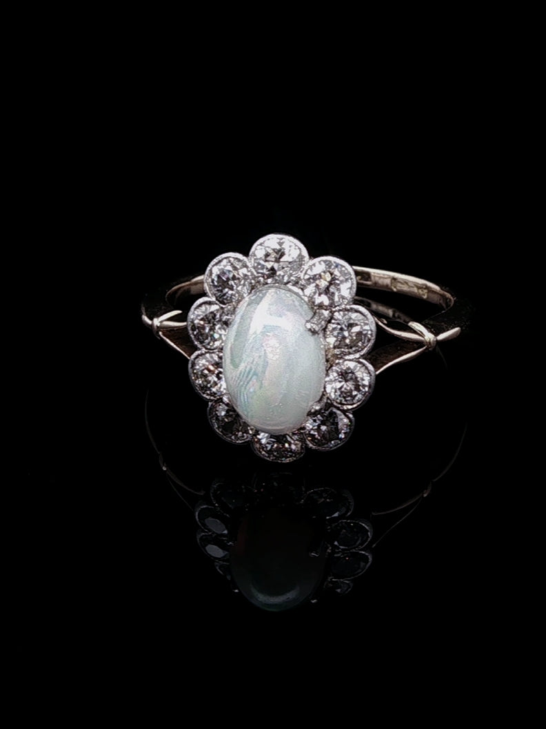 18ct Gold Opal and Old Cut 1.00ct Diamond Cluster Ring