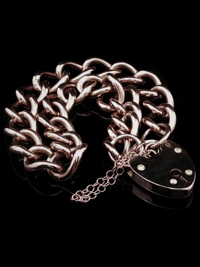 Vintage 9ct Rose Gold Curb Link Bracelet with Heart Padlock,25.3g
