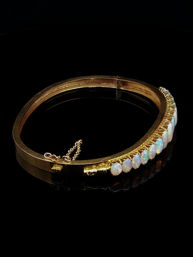 Antique Victorian 18ct Yellow Gold Opal Hinged Bangle, Circa 1870