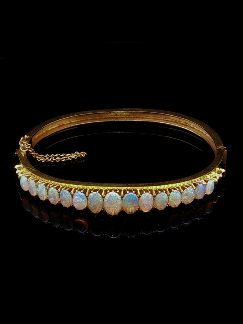 Antique Victorian 18ct Yellow Gold Opal Hinged Bangle, Circa 1870