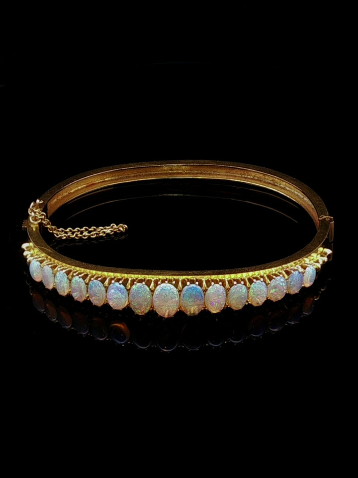 Antique Victorian 18ct Yellow Gold Opal Hinged Bangle, Circa 1870