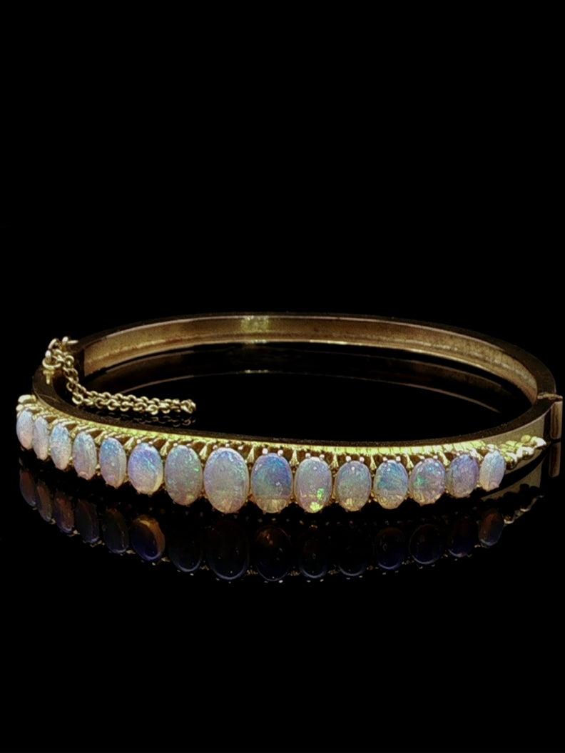 Antique Victorian 18ct Yellow Gold Opal Hinged Bangle, Circa 1870