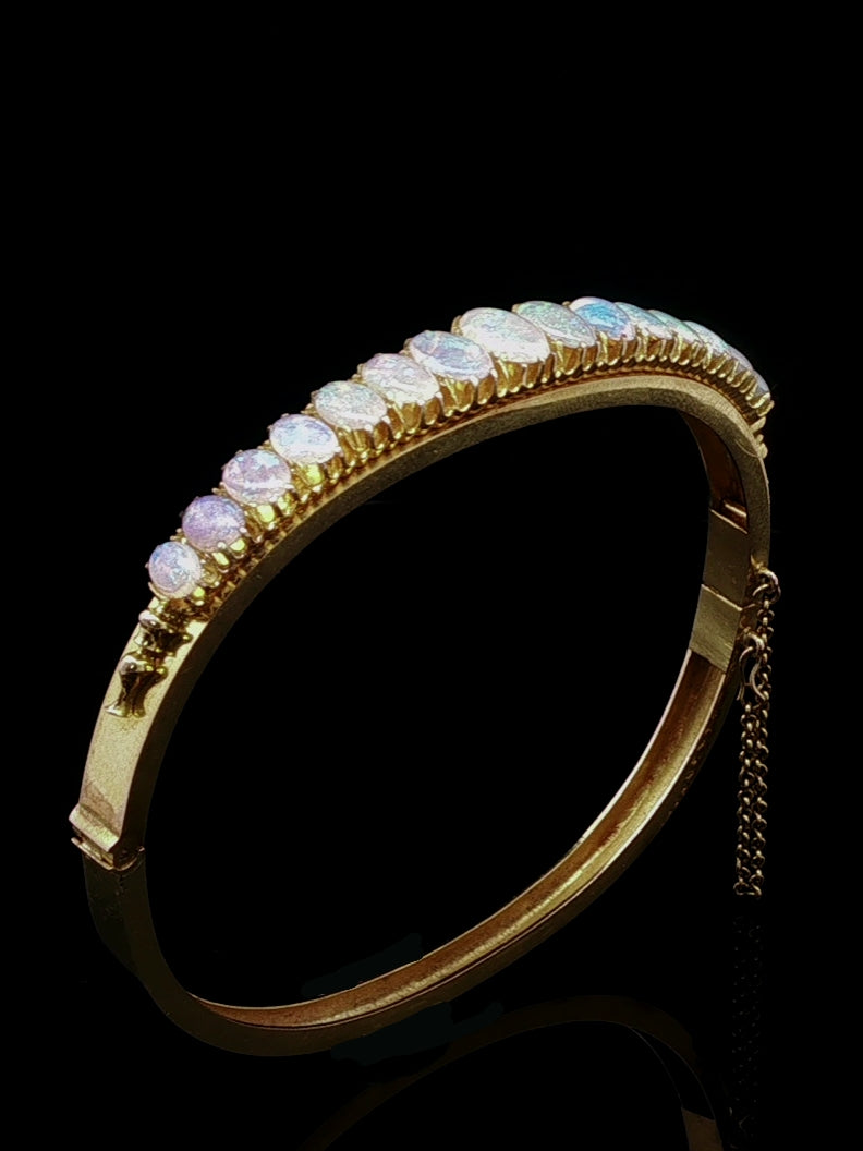 Antique Victorian 18ct Yellow Gold Opal Hinged Bangle, Circa 1870