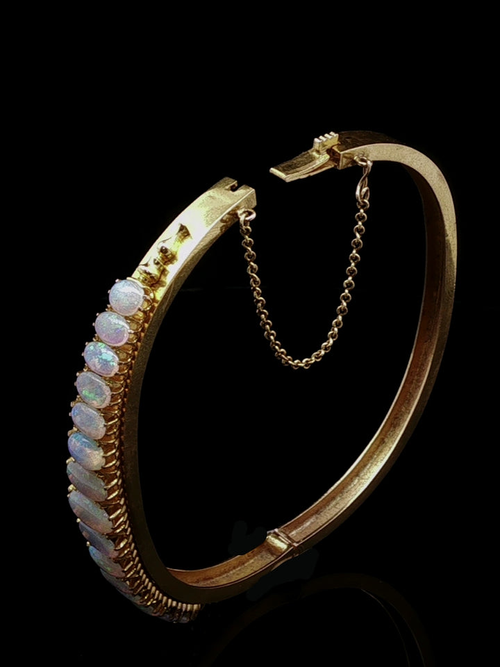 Antique Victorian 18ct Yellow Gold Opal Hinged Bangle, Circa 1870