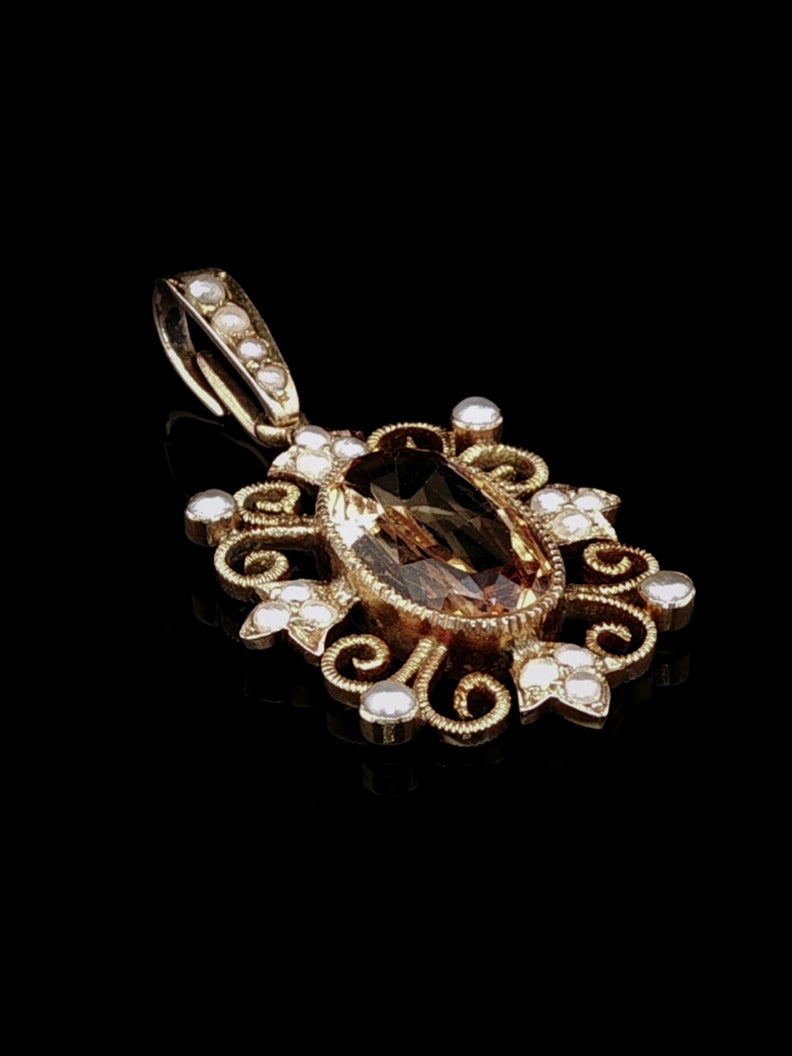 Antique Victorian Yellow Topaz and Pearl Pendant, Circa 1900