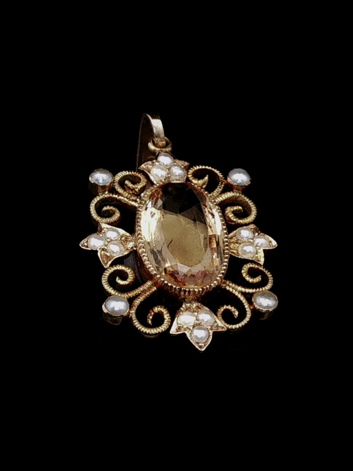Antique Victorian Yellow Topaz and Pearl Pendant, Circa 1900
