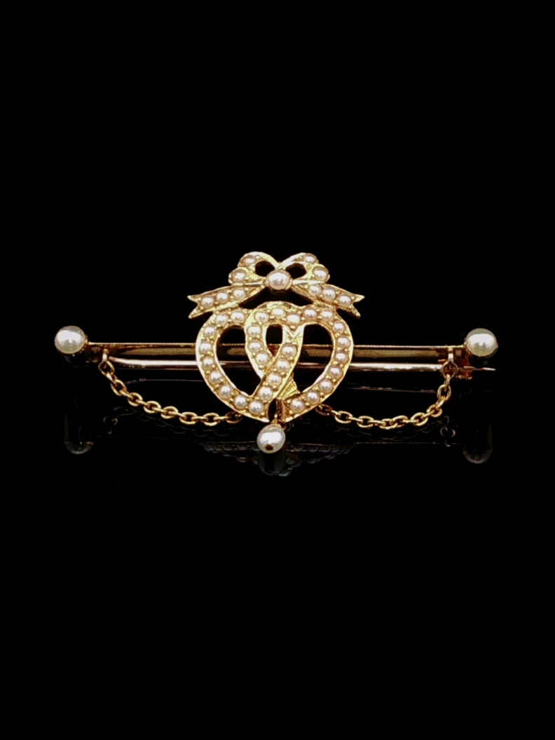 Antique Edwardian 14ct Gold and Seed Pearl Heart and Bow Brooch, Circa 1900
