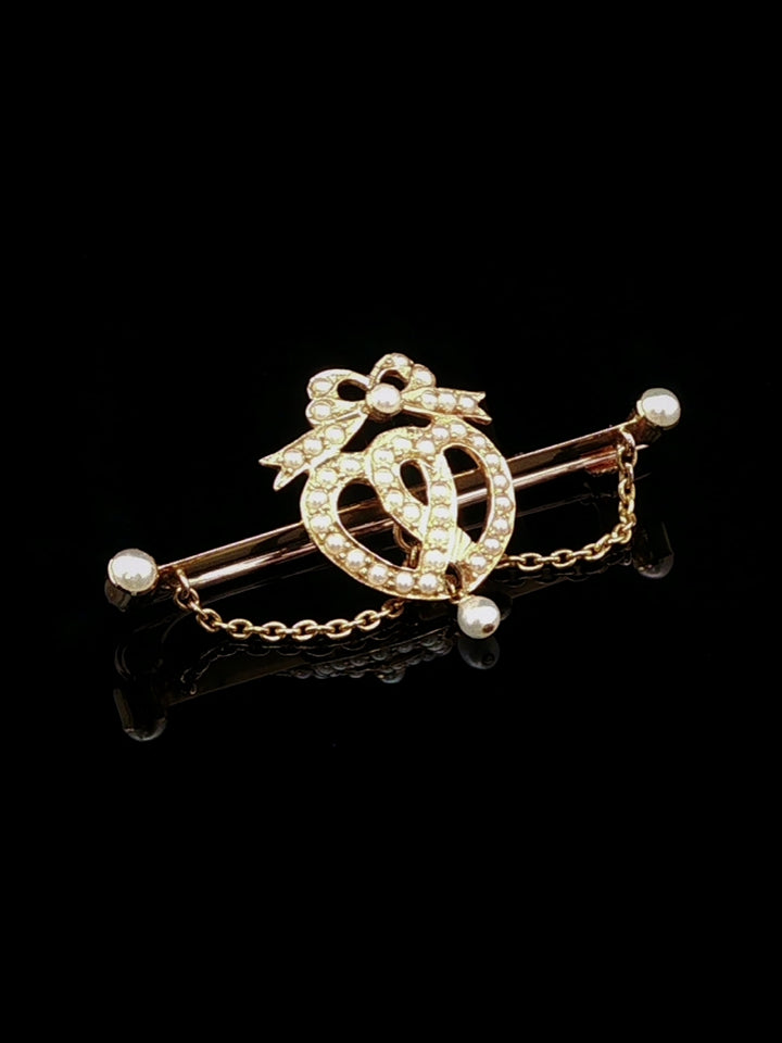 Antique Edwardian 14ct Gold and Seed Pearl Heart and Bow Brooch, Circa 1900