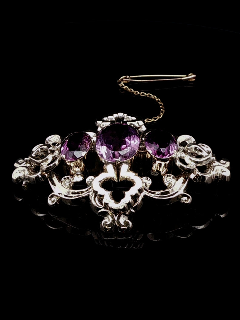 Antique Victorian 9ct Gold and Amethyst Floral Scroll Brooch, Circa 1860